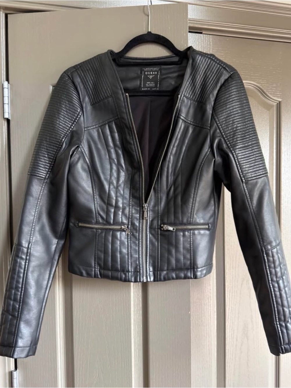 GUESS Black Quilted Faux Leather Moto Jacket with Zip Pockets
